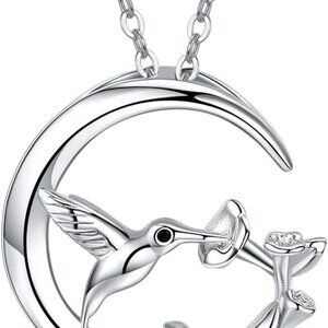 S925 Sterling Silver Hummingbird Pendant Necklace with Flowers Bird Animal Jewel